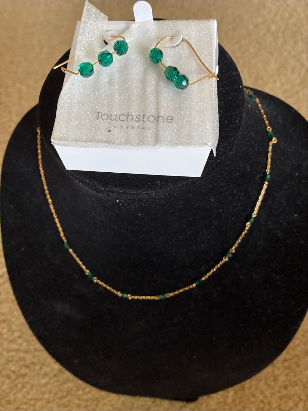 NIB Touchstone Crystal Gold Chain Necklace and Emerald Bead Earrings - Green
